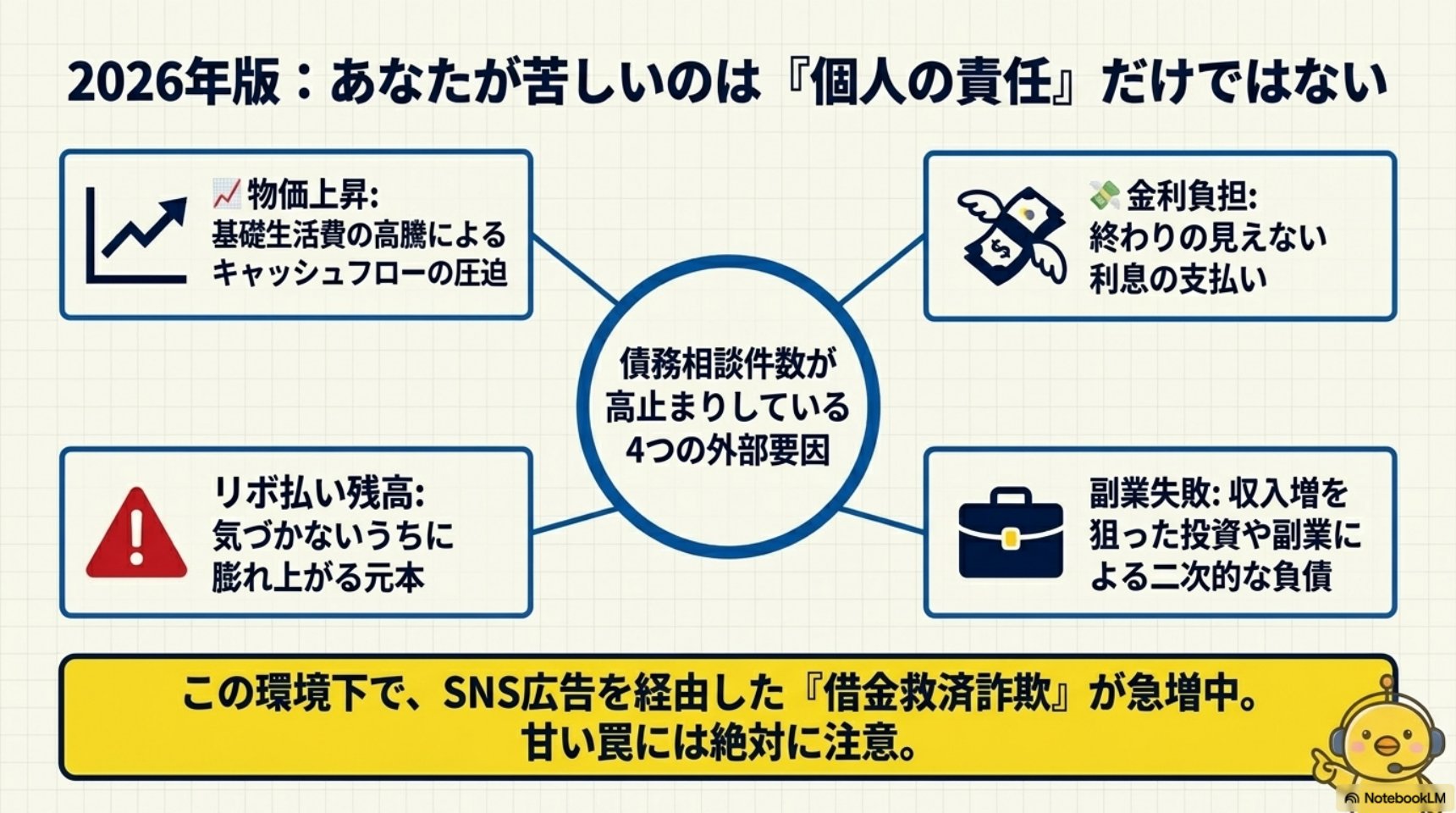2026年版：あなたが苦しいのは個人の責任だけではない。債務相談件数が高止まりしている4つの外部要因。物価上昇（基礎生活費の高騰によるキャッシュフローの圧迫）・金利負担（終わりの見えない利息の支払い）・リボ払い残高（気づかないうちに膨れ上がる元本）・副業失敗（収入増を狙った投資や副業による二次的な負債）。この環境下でSNS広告を経由した借金救済詐欺が急増中。