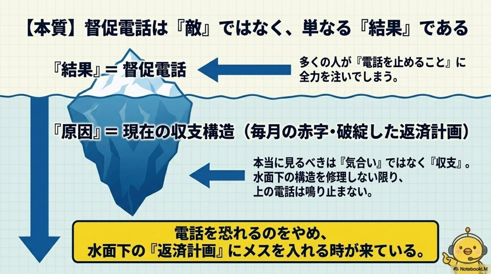 本質：督促電話は敵ではなく単なる結果である。結果＝督促電話（多くの人が電話を止めることに全力を注いでしまう）。原因＝現在の収支構造（毎月の赤字・破綻した返済計画）。本当に見るべきは気合いではなく収支。水面下の構造を修理しない限り上の電話は鳴り止まない。電話を恐れるのをやめ水面下の返済計画にメスを入れる時が来ている。