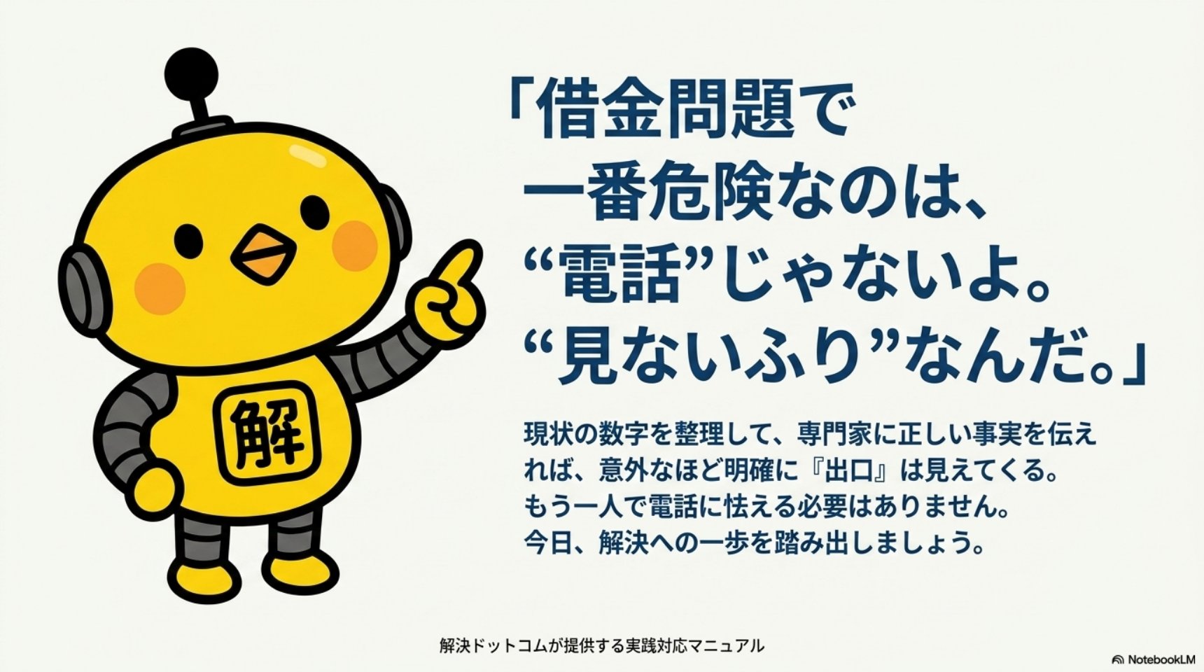 借金問題で一番危険なのは電話じゃないよ。見ないふりなんだ。現状の数字を整理して専門家に正しい事実を伝えれば意外なほど明確に出口は見えてくる。もう一人で電話に怯える必要はありません。今日解決への一歩を踏み出しましょう。解決ドットコムが提供する実践対応マニュアル。