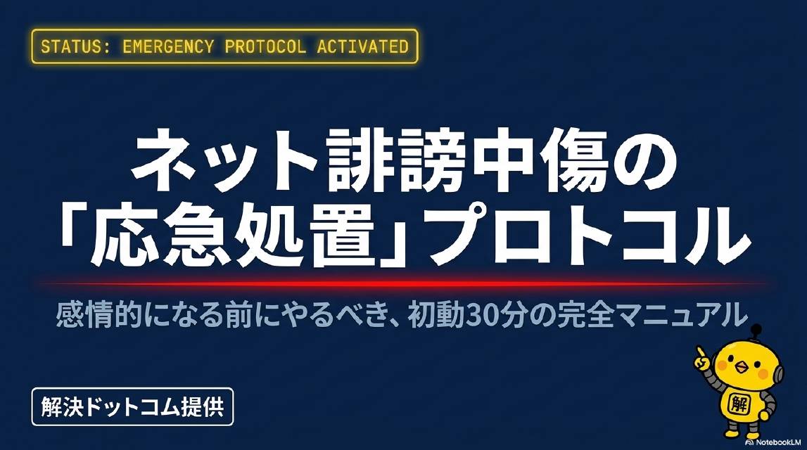 ネット誹謗中傷の応急処置プロトコル。STATUS: EMERGENCY PROTOCOL ACTIVATED。感情的になる前にやるべき初動30分の完全マニュアル。解決ドットコム提供。