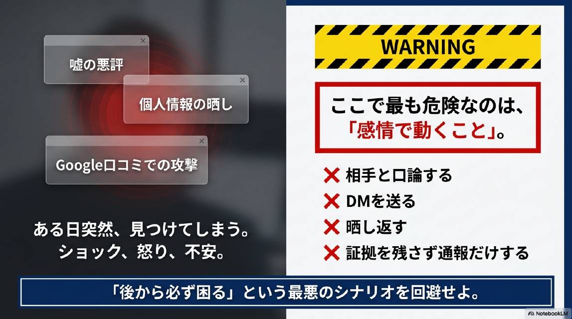 WARNING：ここで最も危険なのは感情で動くこと。嘘の悪評・個人情報の晒し・Google口コミでの攻撃。ある日突然見つけてしまう。ショック・怒り・不安。やってはいけないこと：相手と口論する・DMを送る・晒し返す・証拠を残さず通報だけする。後から必ず困るという最悪のシナリオを回避せよ。