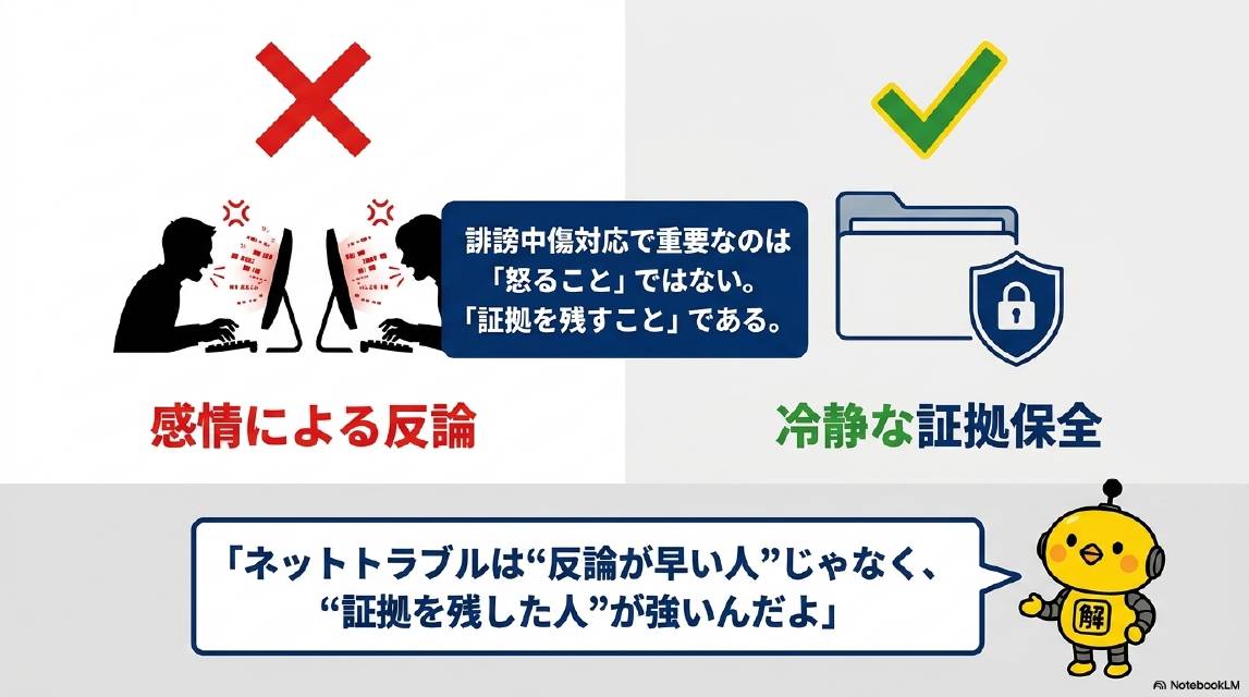 誹謗中傷対応で重要なのは怒ることではない。証拠を残すことである。感情による反論（NG）vs冷静な証拠保全（正解）。ネットトラブルは反論が早い人じゃなく証拠を残した人が強いんだよ（カイピヨくん）