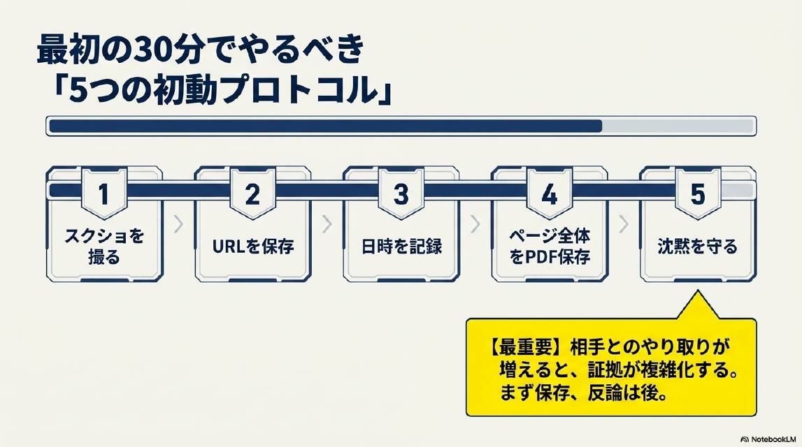 最初の30分でやるべき5つの初動プロトコル。1.スクショを撮る→2.URLを保存→3.日時を記録→4.ページ全体をPDF保存→5.沈黙を守る。最重要：相手とのやり取りが増えると証拠が複雑化する。まず保存、反論は後。