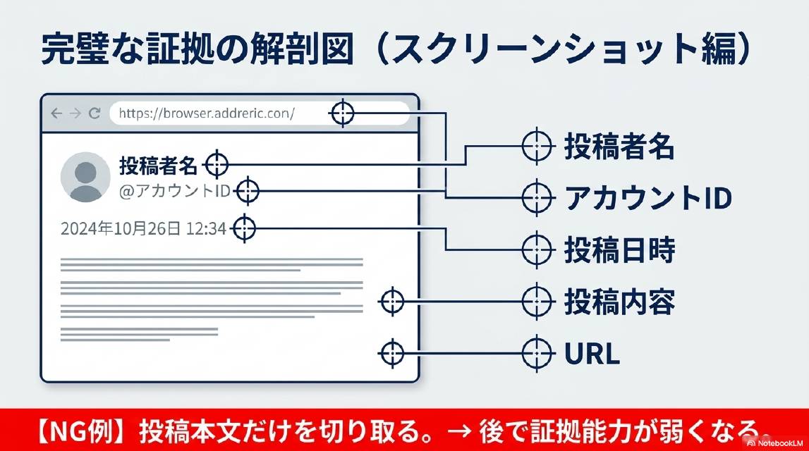 完璧な証拠の解剖図（スクリーンショット編）。必須項目：投稿者名・アカウントID・投稿日時・投稿内容・URL。NG例：投稿本文だけを切り取ると後で証拠能力が弱くなる。