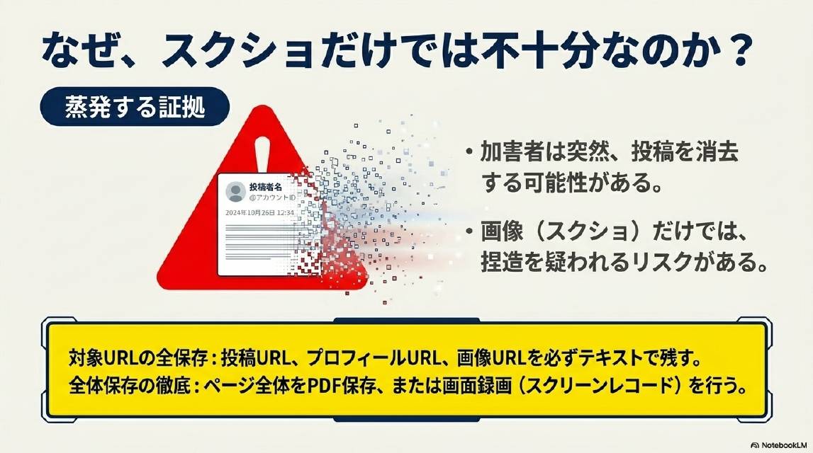 なぜスクショだけでは不十分なのか。蒸発する証拠：加害者は突然投稿を消去する可能性がある。画像（スクショ）だけでは捏造を疑われるリスクがある。対象URLの全保存：投稿URL・プロフィールURL・画像URLを必ずテキストで残す。全体保存の徹底：ページ全体をPDF保存または画面録画（スクリーンレコード）を行う。
