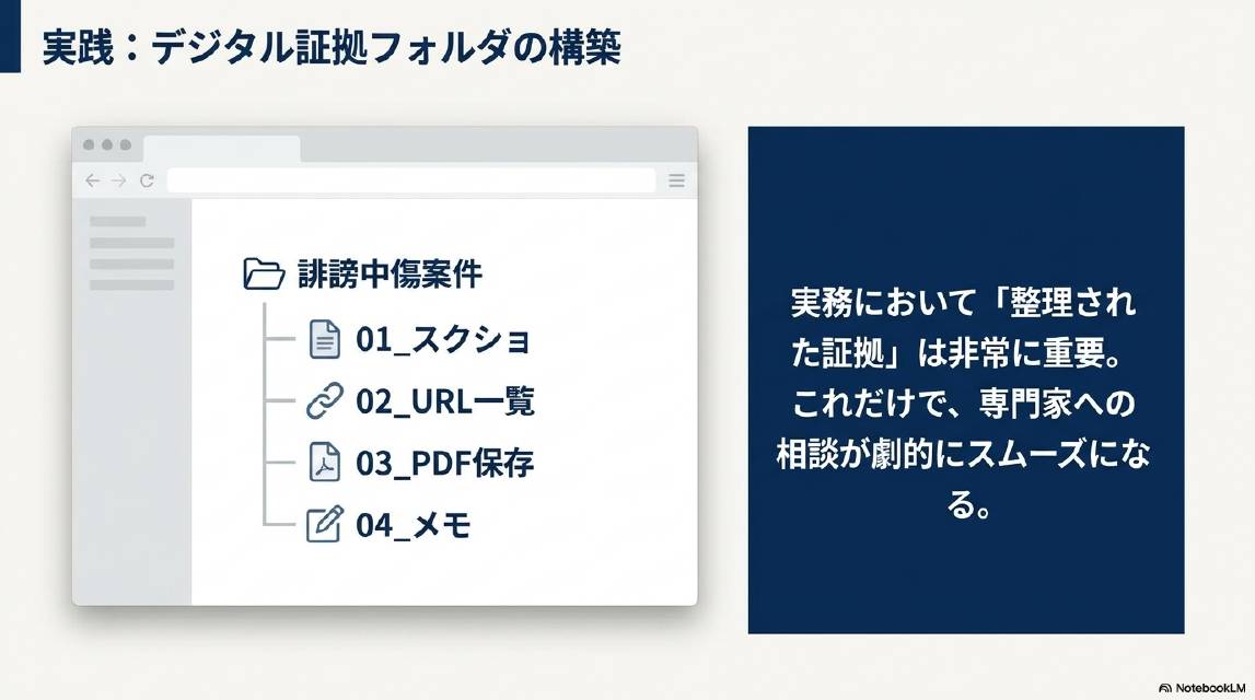 実践：デジタル証拠フォルダの構築。誹謗中傷案件フォルダ：01_スクショ・02_URL一覧・03_PDF保存・04_メモ。実務において整理された証拠は非常に重要。これだけで専門家への相談が劇的にスムーズになる。