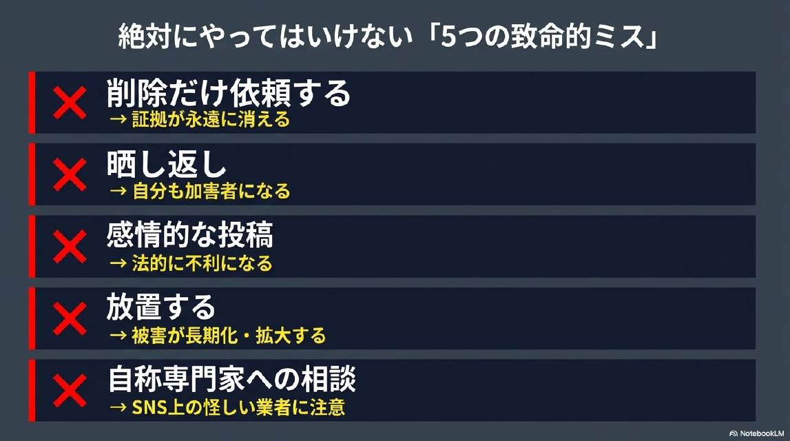 絶対にやってはいけない5つの致命的ミス。削除だけ依頼する（証拠が永遠に消える）・晒し返し（自分も加害者になる）・感情的な投稿（法的に不利になる）・放置する（被害が長期化・拡大する）・自称専門家への相談（SNS上の怪しい業者に注意）。