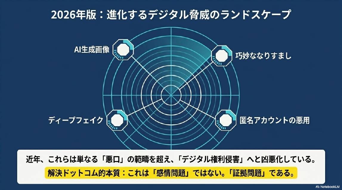 2026年版：進化するデジタル脅威のランドスケープ。AI生成画像・巧妙ななりすまし・ディープフェイク・匿名アカウントの悪用。近年これらは単なる悪口の範囲を超えデジタル権利侵害へと凶悪化している。解決ドットコム的本質：これは感情問題ではない。証拠問題である。