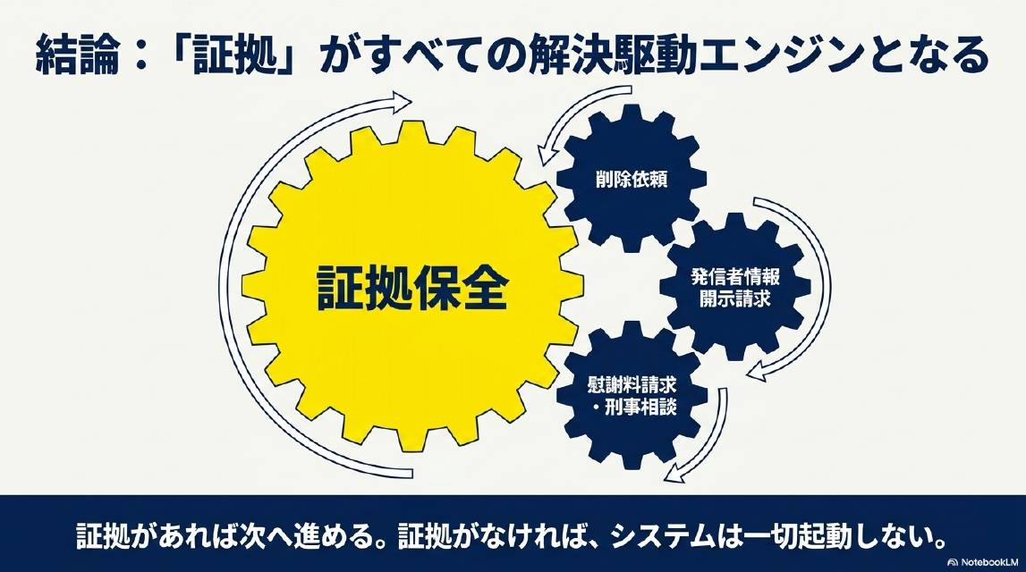 結論：証拠がすべての解決駆動エンジンとなる。証拠保全が中心歯車となり削除依頼・発信者情報開示請求・慰謝料請求・刑事相談を駆動する。証拠があれば次へ進める。証拠がなければシステムは一切起動しない。