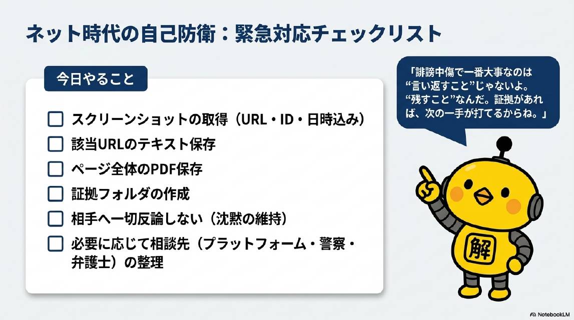 ネット時代の自己防衛：緊急対応チェックリスト。今日やること：スクリーンショットの取得（URL・ID・日時込み）・該当URLのテキスト保存・ページ全体のPDF保存・証拠フォルダの作成・相手へ一切反論しない（沈黙の維持）・必要に応じて相談先（プラットフォーム・警察・弁護士）の整理。誹謗中傷で一番大事なのは言い返すことじゃないよ。残すことなんだ（カイピヨくん）