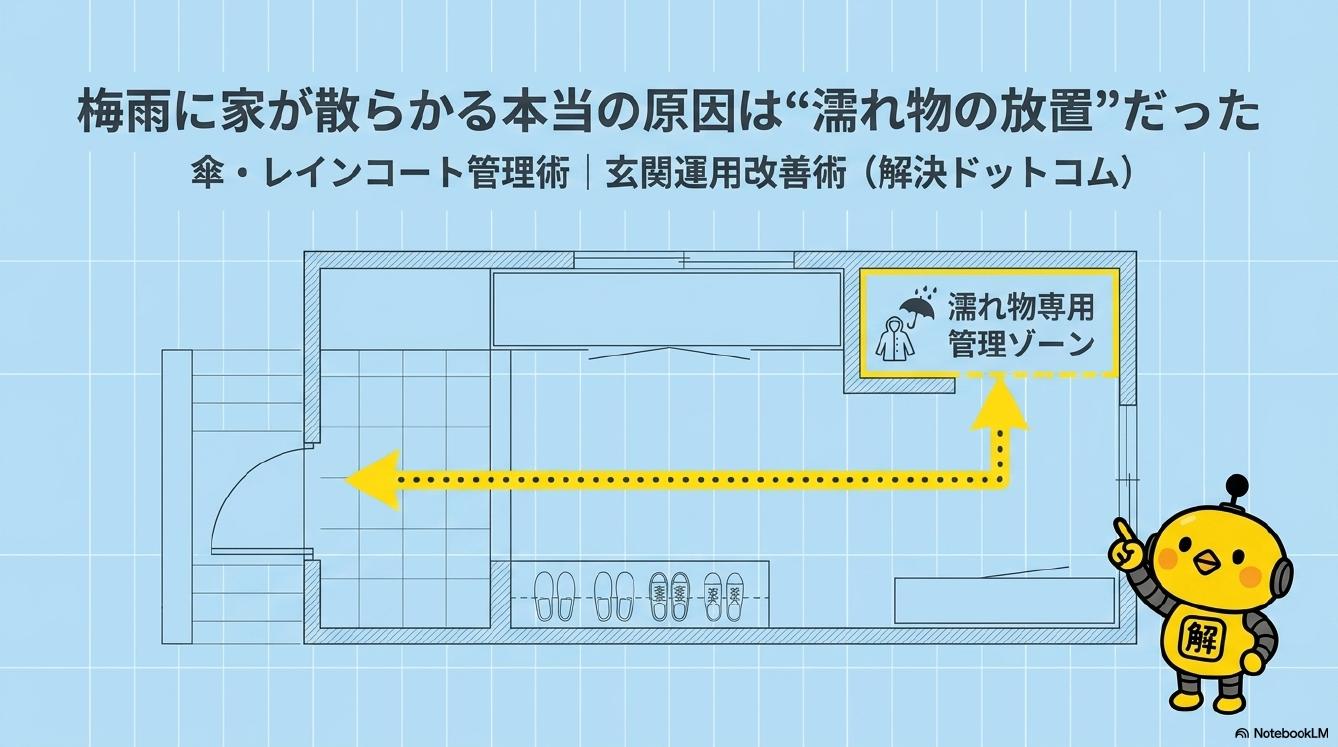 梅雨に家が散らかる本当の原因は濡れ物の放置だった。傘・レインコート管理術・玄関運用改善術。解決ドットコム。濡れ物専用管理ゾーンを設けた玄関レイアウト図。