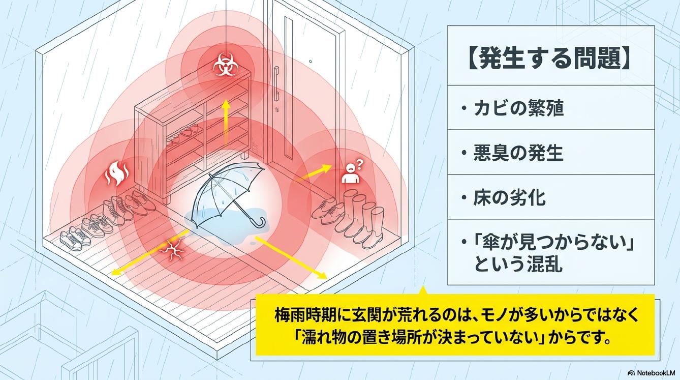 発生する問題。カビの繁殖・悪臭の発生・床の劣化・傘が見つからないという混乱。梅雨時期に玄関が荒れるのはモノが多いからではなく濡れ物の置き場所が決まっていないからです。