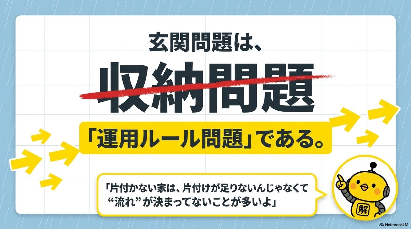 玄関問題は収納問題ではなく運用ルール問題である。片付かない家は片付けが足りないんじゃなくて流れが決まってないことが多いよ（カイピヨくん）