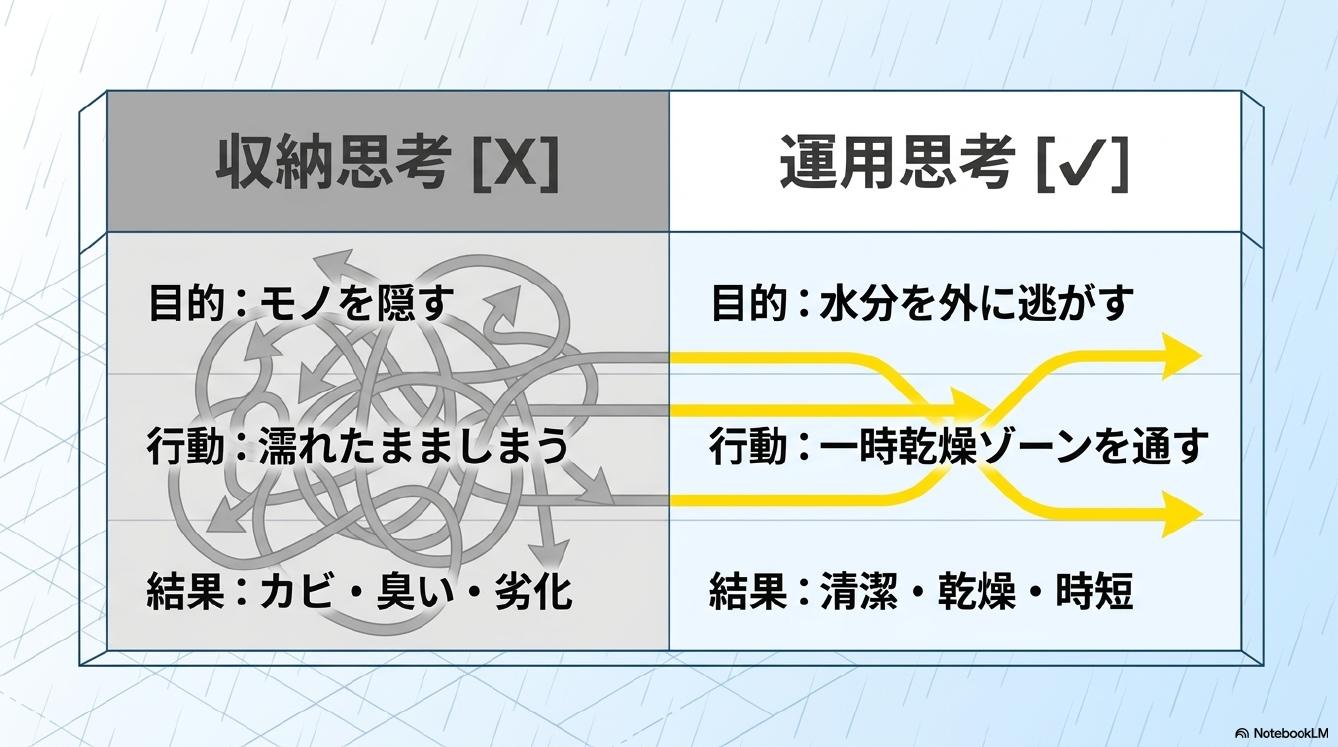 収納思考×：目的はモノを隠す・行動は濡れたまましまう・結果はカビ・臭い・劣化。運用思考✓：目的は水分を外に逃がす・行動は一時乾燥ゾーンを通す・結果は清潔・乾燥・時短。