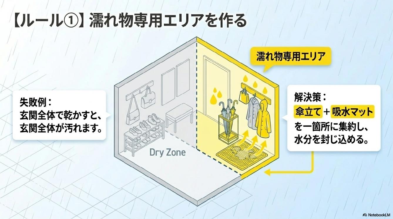 ルール①濡れ物専用エリアを作る。失敗例：玄関全体で乾かすと玄関全体が汚れます。解決策：傘立て＋吸水マットを一箇所に集約し水分を封じ込める。DryZoneとWetZoneを分ける。