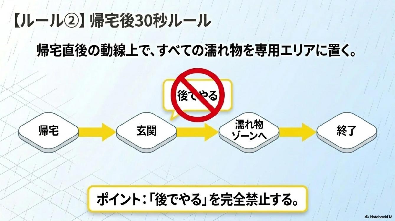 ルール②帰宅後30秒ルール。帰宅直後の動線上ですべての濡れ物を専用エリアに置く。後でやる禁止。帰宅→玄関→濡れ物ゾーンへ→終了。ポイント：後でやるを完全禁止する。