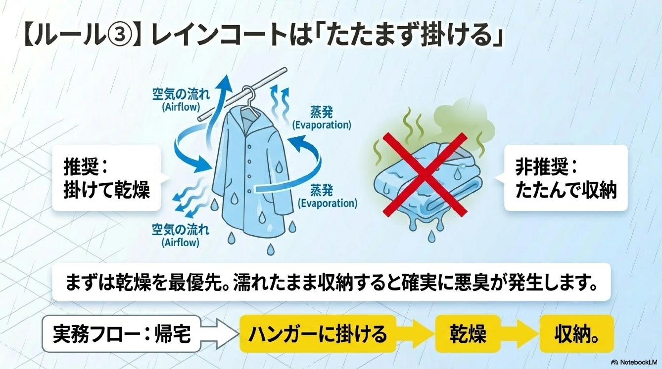 ルール③レインコートはたたまず掛ける。推奨：掛けて乾燥（空気の流れとEvaporationで乾く）。非推奨：たたんで収納（湿気が閉じ込められ悪臭発生）。まずは乾燥を最優先。濡れたまま収納すると確実に悪臭が発生します。実務フロー：帰宅→ハンガーに掛ける→乾燥→収納。
