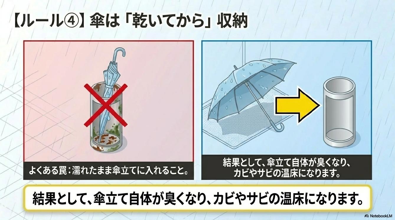 ルール④傘は乾いてから収納。よくある罠：濡れたまま傘立てに入れること。結果として傘立て自体が臭くなりカビやサビの温床になります。正解：開いた状態で乾燥させてから傘立てへ収納。