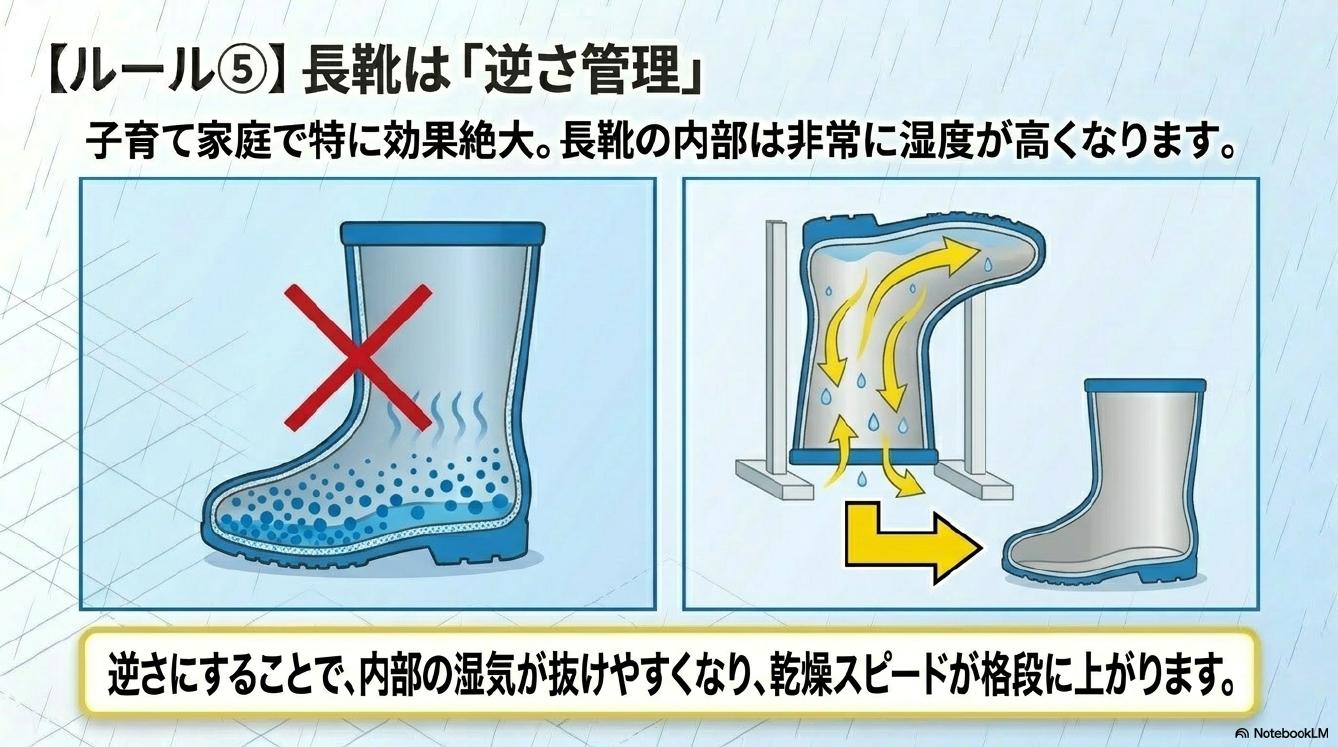ルール⑤長靴は逆さ管理。子育て家庭で特に効果絶大。長靴の内部は非常に湿度が高くなります。逆さにすることで内部の湿気が抜けやすくなり乾燥スピードが格段に上がります。