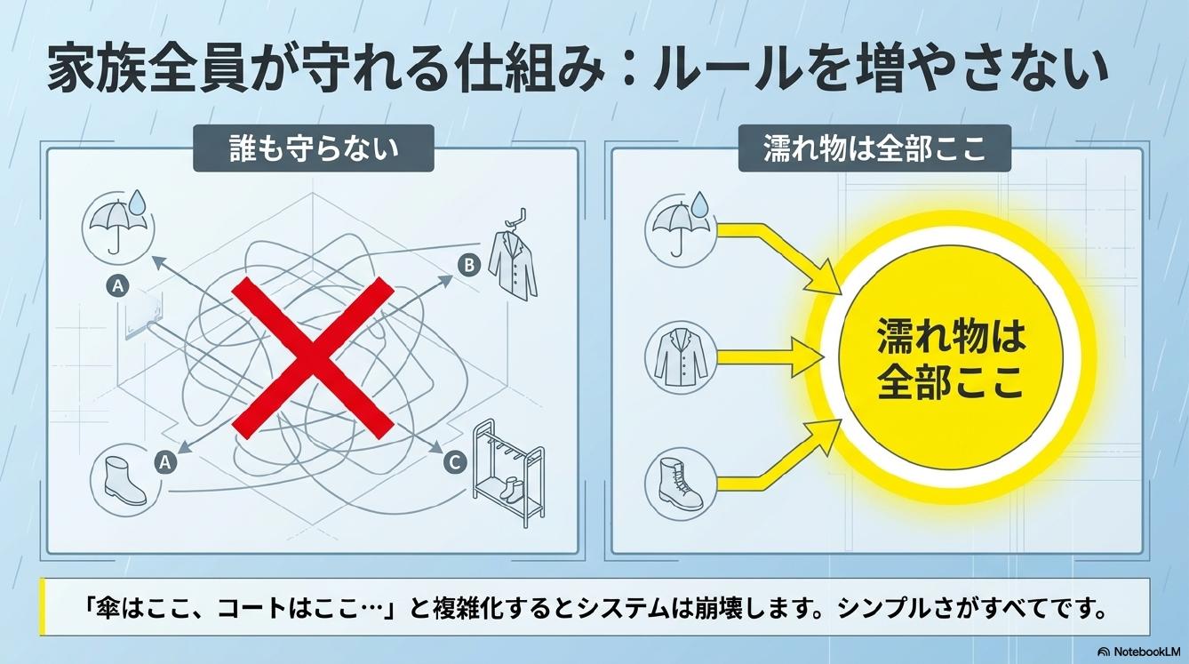 家族全員が守れる仕組み：ルールを増やさない。傘はここ・コートはここ・長靴はここ……と複雑化すると誰も守らない。正解：濡れ物は全部ここ、の一箇所集約。傘はここ・コートはここ・長靴はここも全部濡れ物ゾーンへ集約。シンプルさがすべてです。