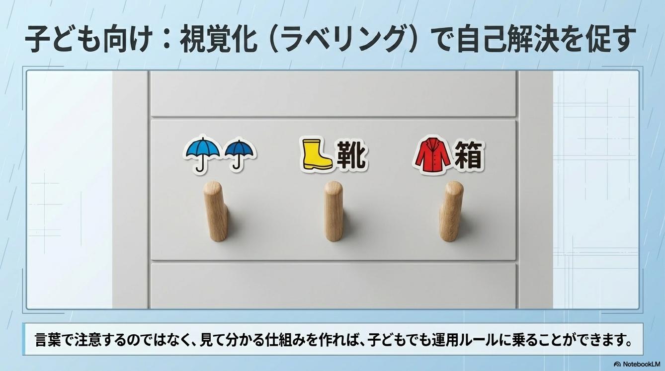 子ども向け：視覚化（ラベリング）で自己解決を促す。傘・靴・箱のアイコンラベルを貼ったフック。言葉で注意するのではなく見て分かる仕組みを作れば子どもでも運用ルールに乗ることができます。