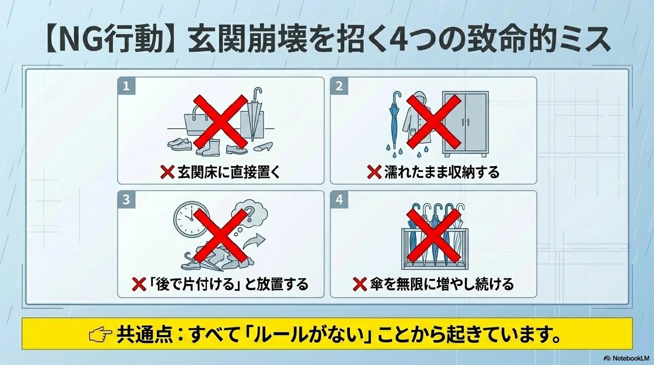 NG行動：玄関崩壊を招く4つの致命的ミス。1.玄関床に直接置く。2.濡れたまま収納する。3.後で片付けると放置する。4.傘を無限に増やし続ける。共通点：すべてルールがないことから起きています。