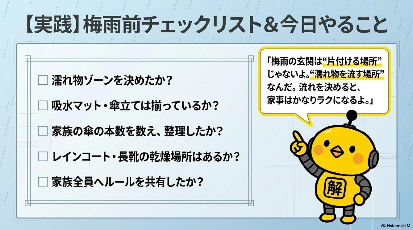 実践：梅雨前チェックリスト＆今日やること。濡れ物ゾーンを決めたか？吸水マット・傘立ては揃っているか？家族の傘の本数を数え整理したか？レインコート・長靴の乾燥場所はあるか？家族全員へルールを共有したか？梅雨の玄関は片付ける場所じゃないよ。濡れ物を流す場所なんだ。流れを決めると家事はかなりラクになるよ（カイピヨくん）