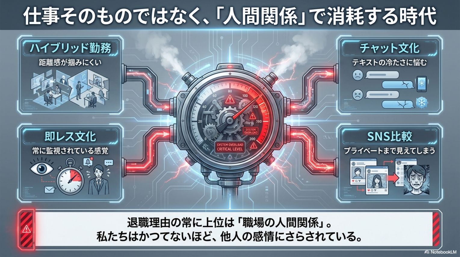 仕事そのものではなく人間関係で消耗する時代。ハイブリッド勤務（距離感が掴みにくい）・チャット文化（テキストの冷たさに悩む）・即レス文化（常に監視されている感覚）・SNS比較（プライベートまで見えてしまう）。退職理由の常に上位は職場の人間関係。私たちはかつてないほど他人の感情にさらされている。