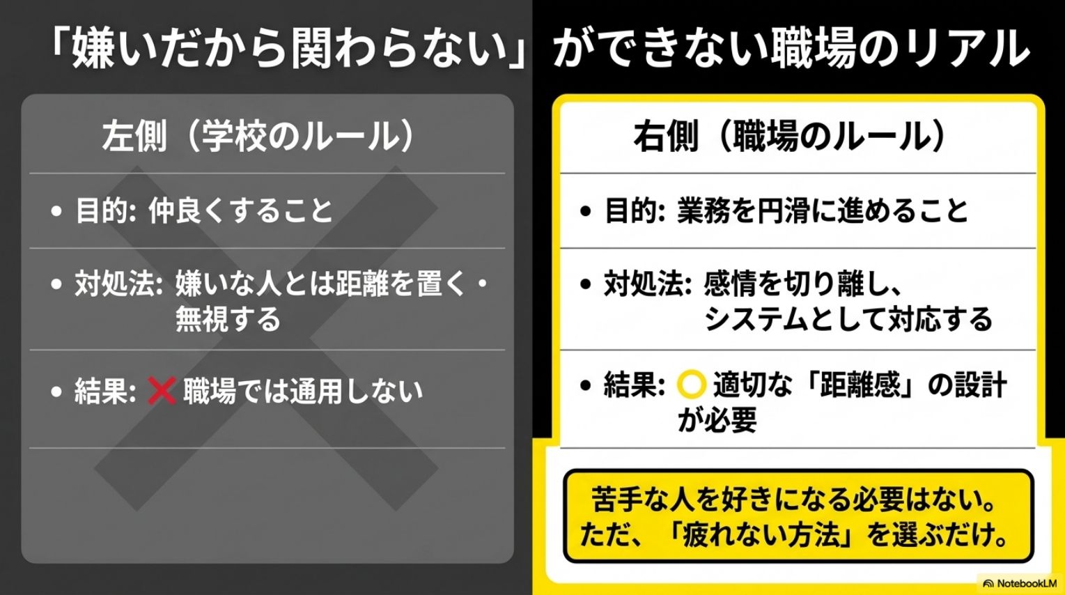 嫌いだから関わらないができない職場のリアル。学校のルール：目的は仲良くすること・対処法は嫌いな人とは距離を置く無視する・結果は職場では通用しない。職場のルール：目的は業務を円滑に進めること・対処法は感情を切り離しシステムとして対応する・結果は適切な距離感の設計が必要。苦手な人を好きになる必要はない。ただ疲れない方法を選ぶだけ。