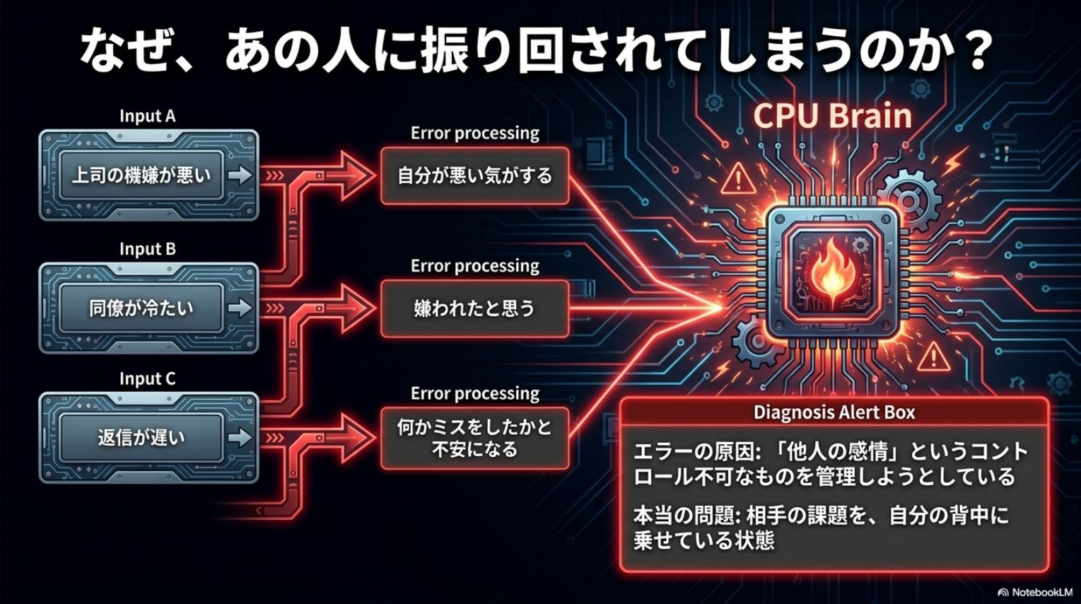 なぜあの人に振り回されてしまうのか。CPU Brain。Input A：上司の機嫌が悪い→Error processing：自分が悪い気がする。Input B：同僚が冷たい→Error processing：嫌われたと思う。Input C：返信が遅い→Error processing：何かミスをしたかと不安になる。エラーの原因：他人の感情というコントロール不可なものを管理しようとしている。本当の問題：相手の課題を自分の背中に乗せている状態。