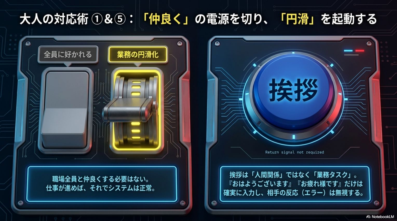 大人の対応術①&⑤：仲良くの電源を切り円滑を起動する。全員に好かれる（OFF）→業務の円滑化（ON）。挨拶ボタン：挨拶は人間関係ではなく業務タスク。おはようございます・お疲れ様ですだけは確実に入力し相手の反応（エラー）は無視する。Return signal not required.