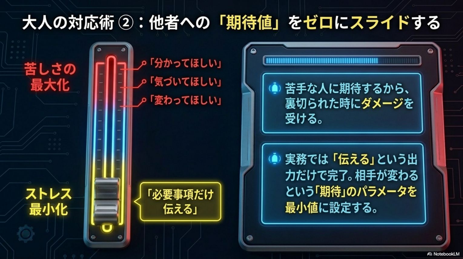 大人の対応術②：他者への期待値をゼロにスライドする。苦しさの最大化：分かってほしい・気づいてほしい・変わってほしい。ストレス最小化：必要事項だけ伝える。苦手な人に期待するから裏切られた時にダメージを受ける。実務では伝えるという出力だけで完了。相手が変わるという期待のパラメータを最小値に設定する。