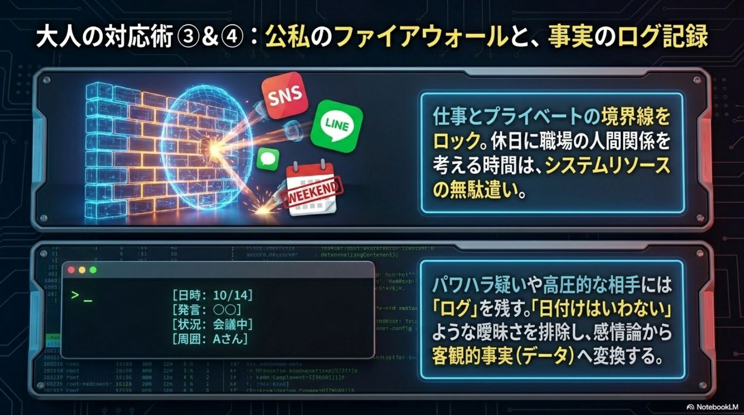 大人の対応術③&④：公私のファイアウォールと事実のログ記録。仕事とプライベートの境界線をロック。休日に職場の人間関係を考える時間はシステムリソースの無駄遣い。パワハラ疑いや高圧的な相手にはログを残す。日時・発言・状況・周囲の情報で感情論から客観的事実（データ）へ変換する。