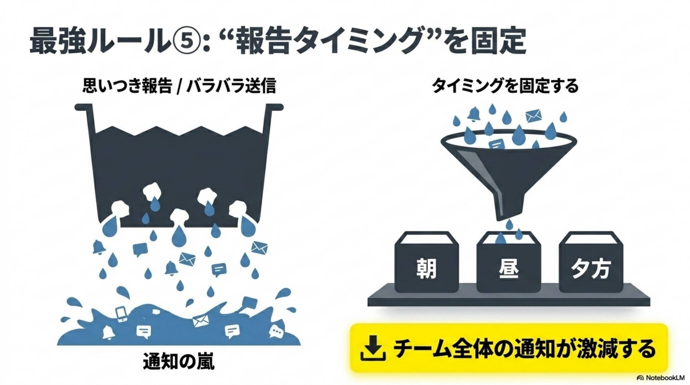 最強ルール⑤ 報告タイミングを固定 思いつき報告→朝昼夕方に固定 通知激減