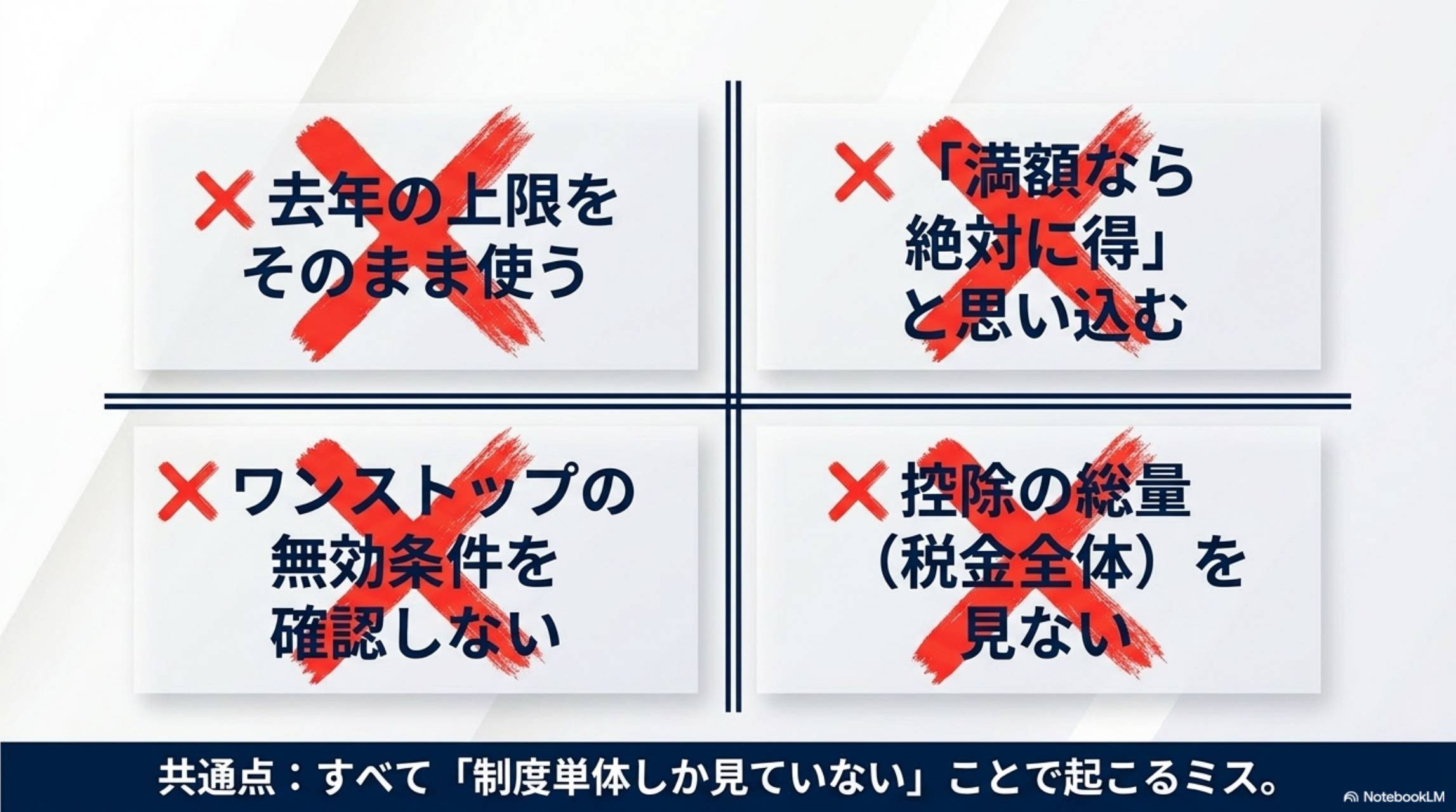 4つのNG行動 去年の上限をそのまま使う・満額なら絶対得と思い込む・ワンストップ無効条件を確認しない・控除の総量を見ない