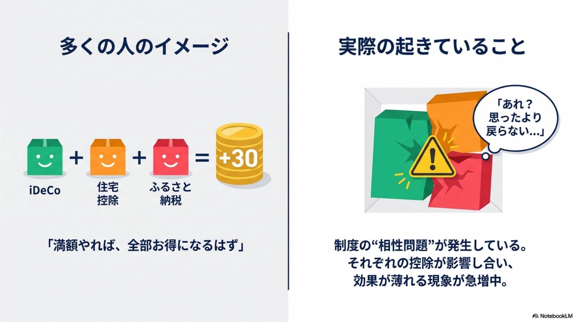 多くの人のイメージvs実際の起きていること 満額やれば全部お得のはず→制度の相性問題