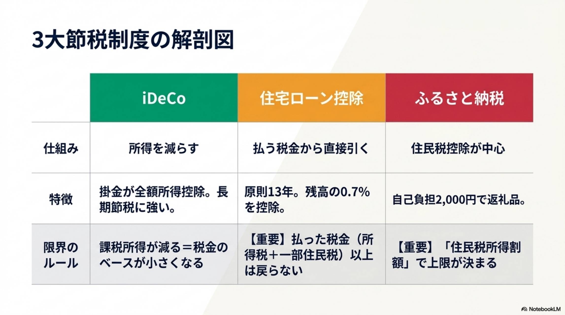 3大節税制度の解剖図 iDeCo＝所得控除 住宅ローン控除＝税額控除 ふるさと納税＝住民税控除中心