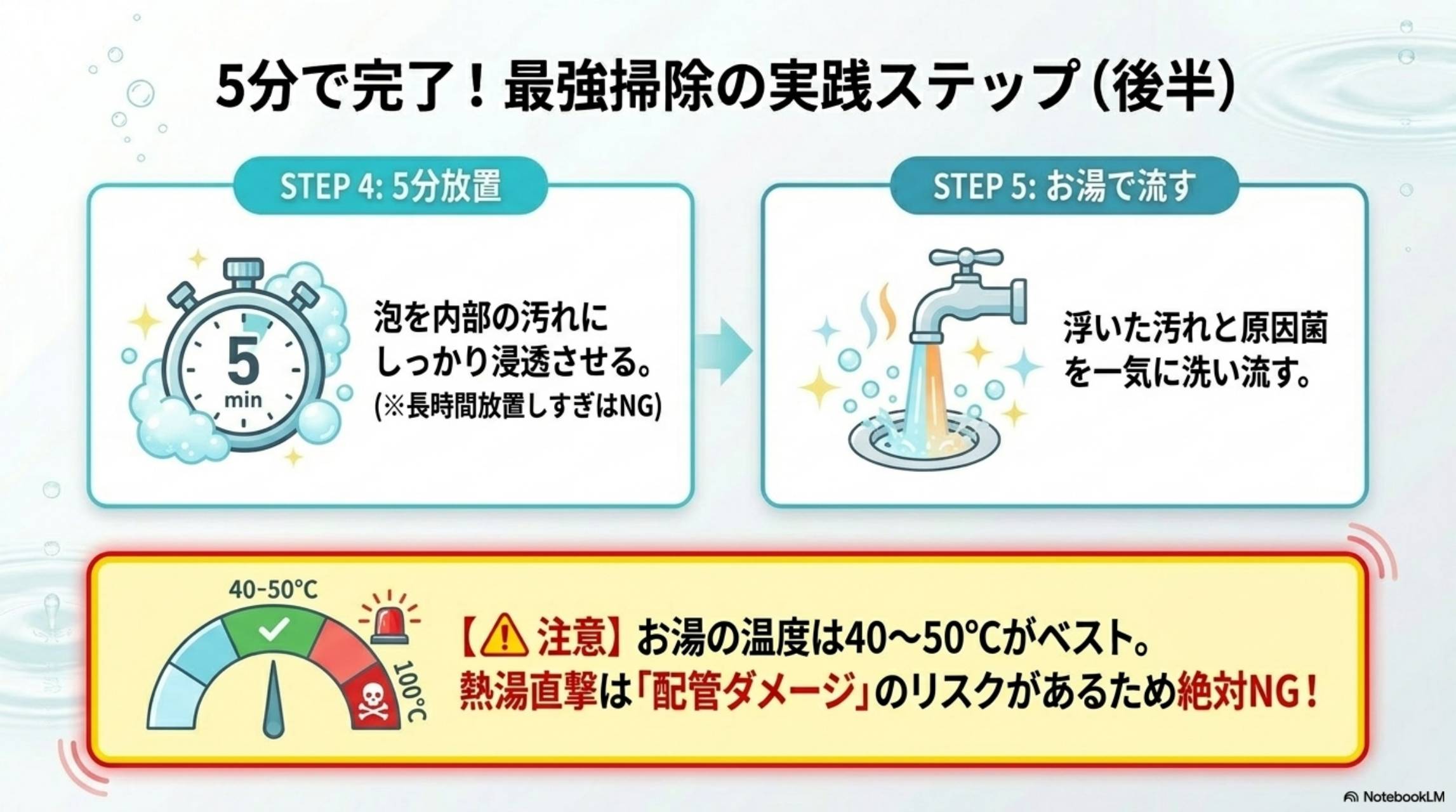 5分で完了 最強掃除の実践ステップ後半 STEP4放置 STEP5お湯で流す 温度40-50度