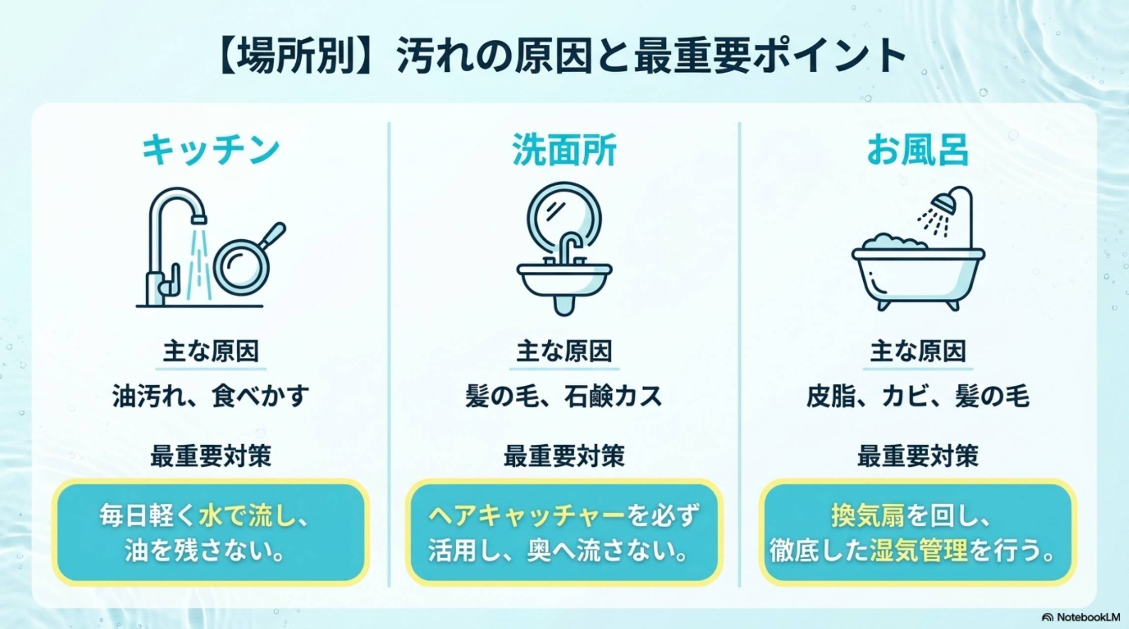 場所別 汚れの原因と最重要ポイント キッチン・洗面所・お風呂