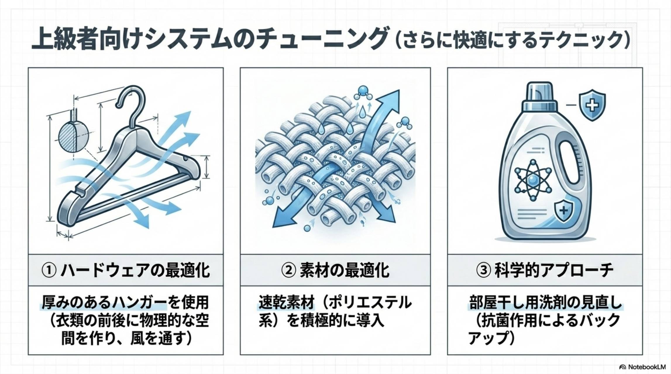 上級者向けシステムのチューニング（さらに快適にするテクニック）。①ハードウェアの最適化：厚みのあるハンガーを使用（衣類の前後に物理的な空間を作り風を通す）。②素材の最適化：速乾素材（ポリエステル系）を積極的に導入。③科学的アプローチ：部屋干し用洗剤の見直し（抗菌作用によるバックアップ）