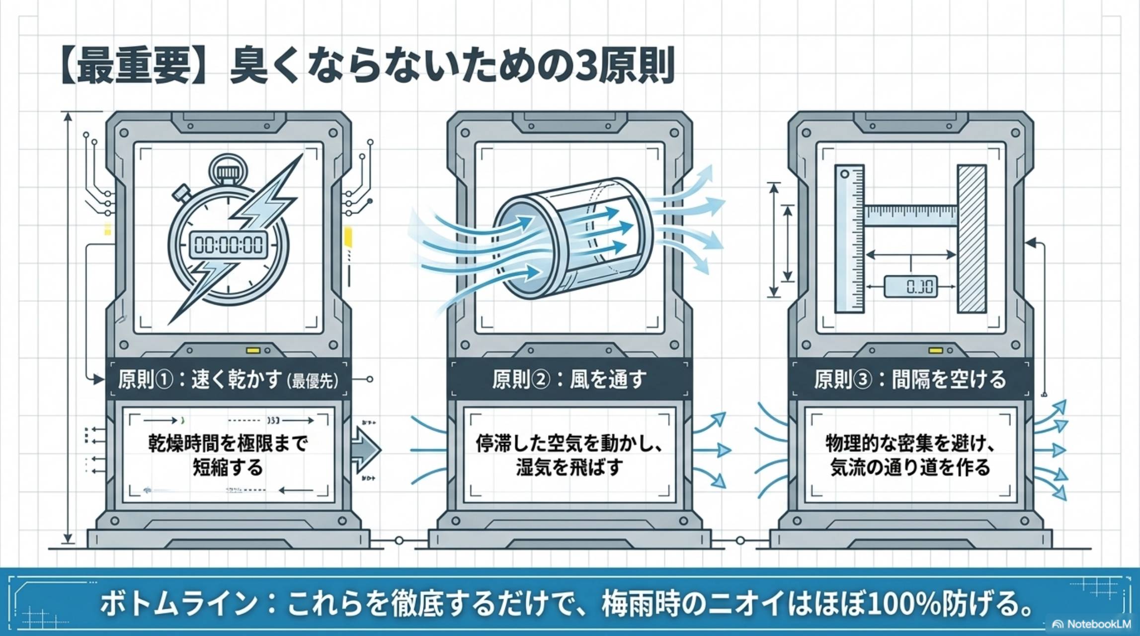 最重要：臭くならないための3原則。原則①速く乾かす（最優先）：乾燥時間を極限まで短縮する。原則②風を通す：停滞した空気を動かし湿気を飛ばす。原則③間隔を空ける：物理的な密集を避け気流の通り道を作る。ボトムライン：これらを徹底するだけで梅雨時のニオイはほぼ100%防げる