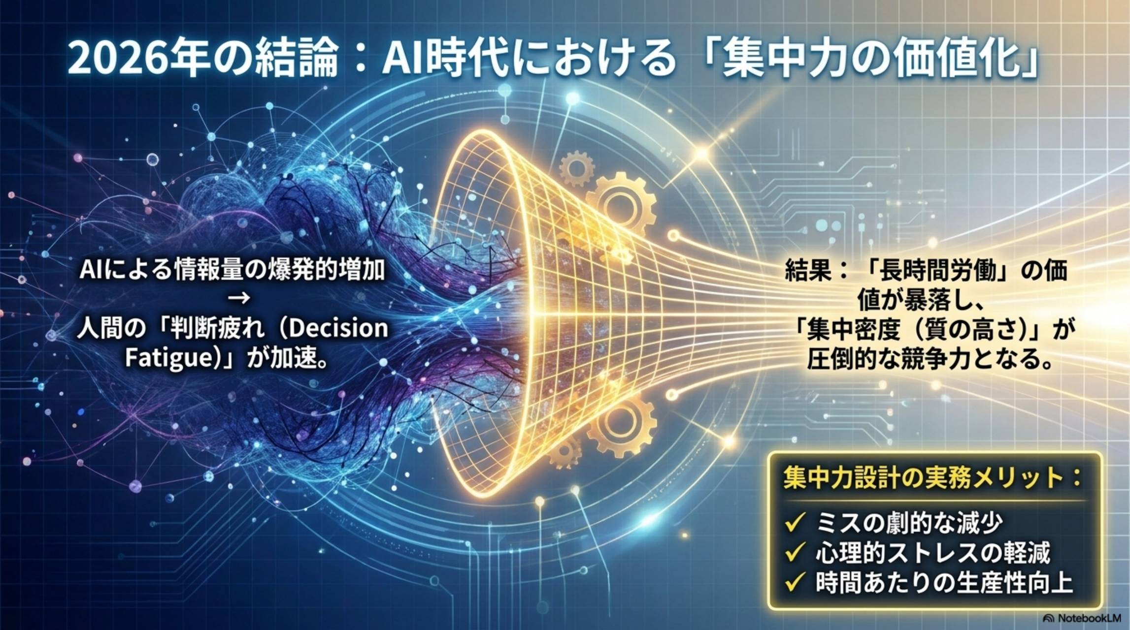 2026年の結論：AI時代における集中力の価値化。AIによる情報量の爆発的増加→人間の判断疲れ（Decision Fatigue）が加速。結果：長時間労働の価値が暴落し集中密度（質の高さ）が圧倒的な競争力となる。集中力設計の実務メリット：ミスの劇的な減少・心理的ストレスの軽減・時間あたりの生産性向上