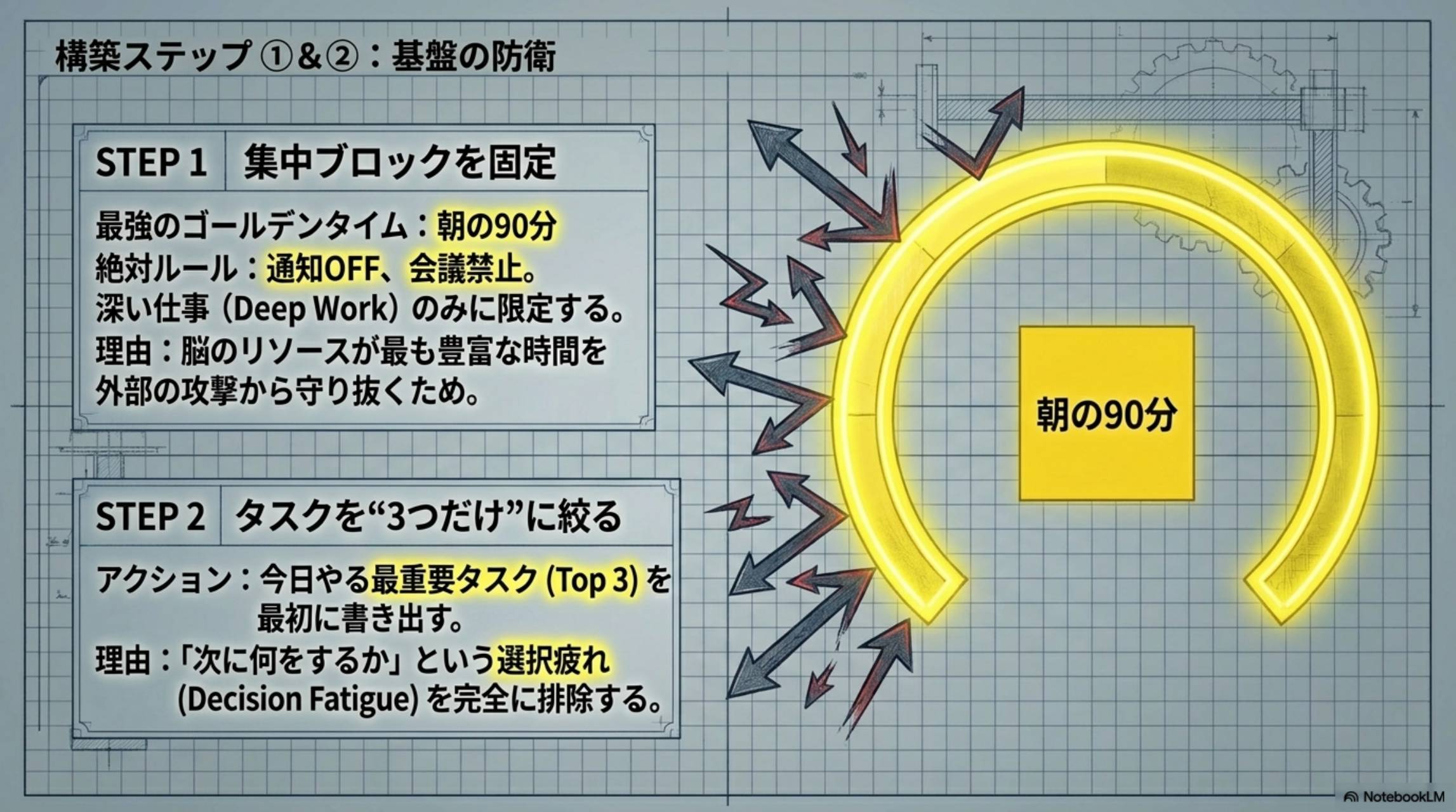 構築ステップ①&②：基盤の防衛。STEP1 集中ブロックを固定：最強のゴールデンタイム朝の90分・絶対ルール通知OFF会議禁止・深い仕事（Deep Work）のみに限定。STEP2 タスクを3つだけに絞る：今日やる最重要タスク（Top3）を最初に書き出す・選択疲れ（Decision Fatigue）を完全に排除する
