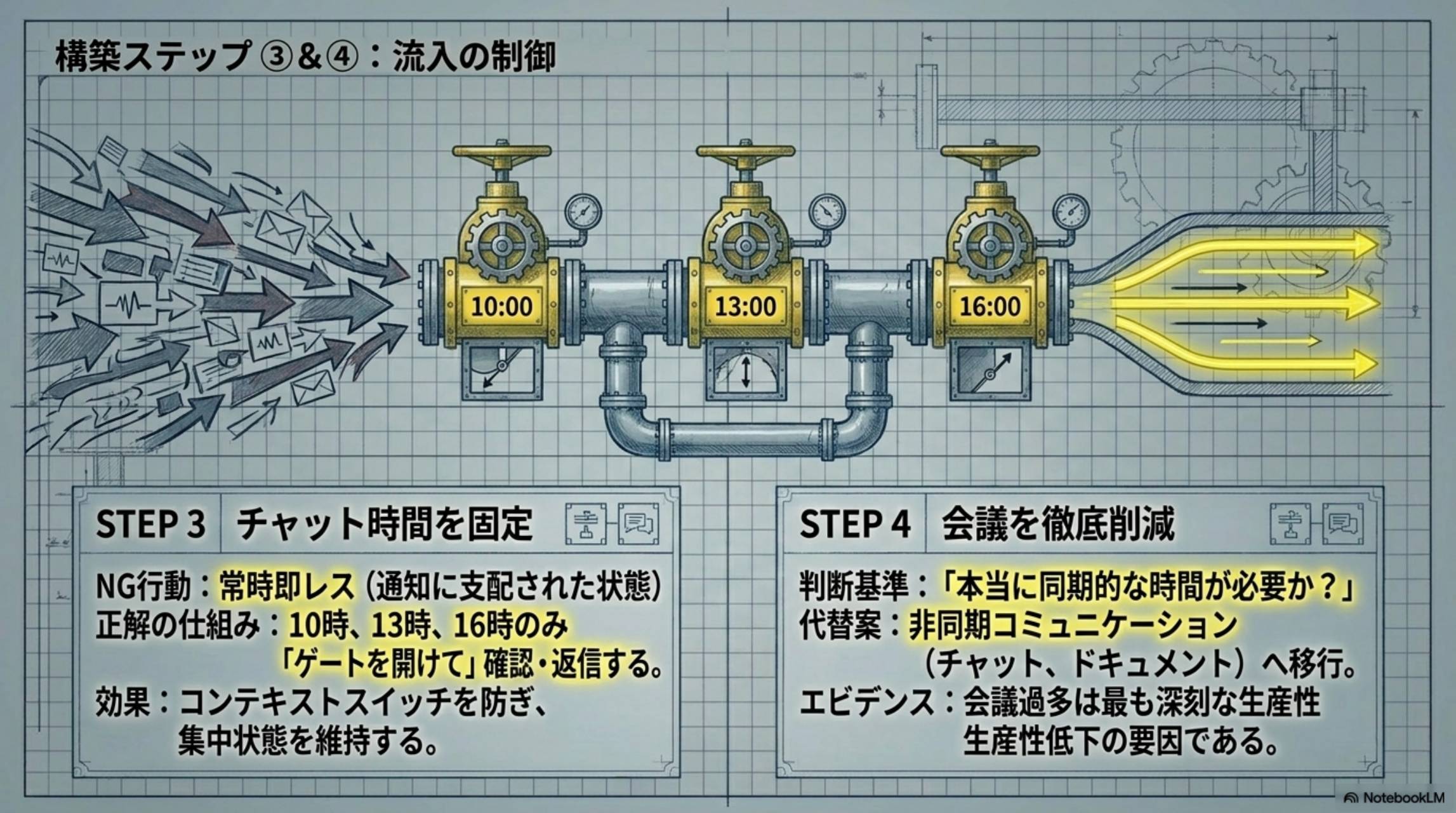 構築ステップ③&④：流入の制御。STEP3 チャット時間を固定：NG行動常時即レス（通知に支配された状態）。正解の仕組み：10時・13時・16時のみゲートを開けて確認・返信する。STEP4 会議を徹底削減：判断基準は本当に同期的な時間が必要か？代替案：非同期コミュニケーション（チャット、ドキュメント）へ移行