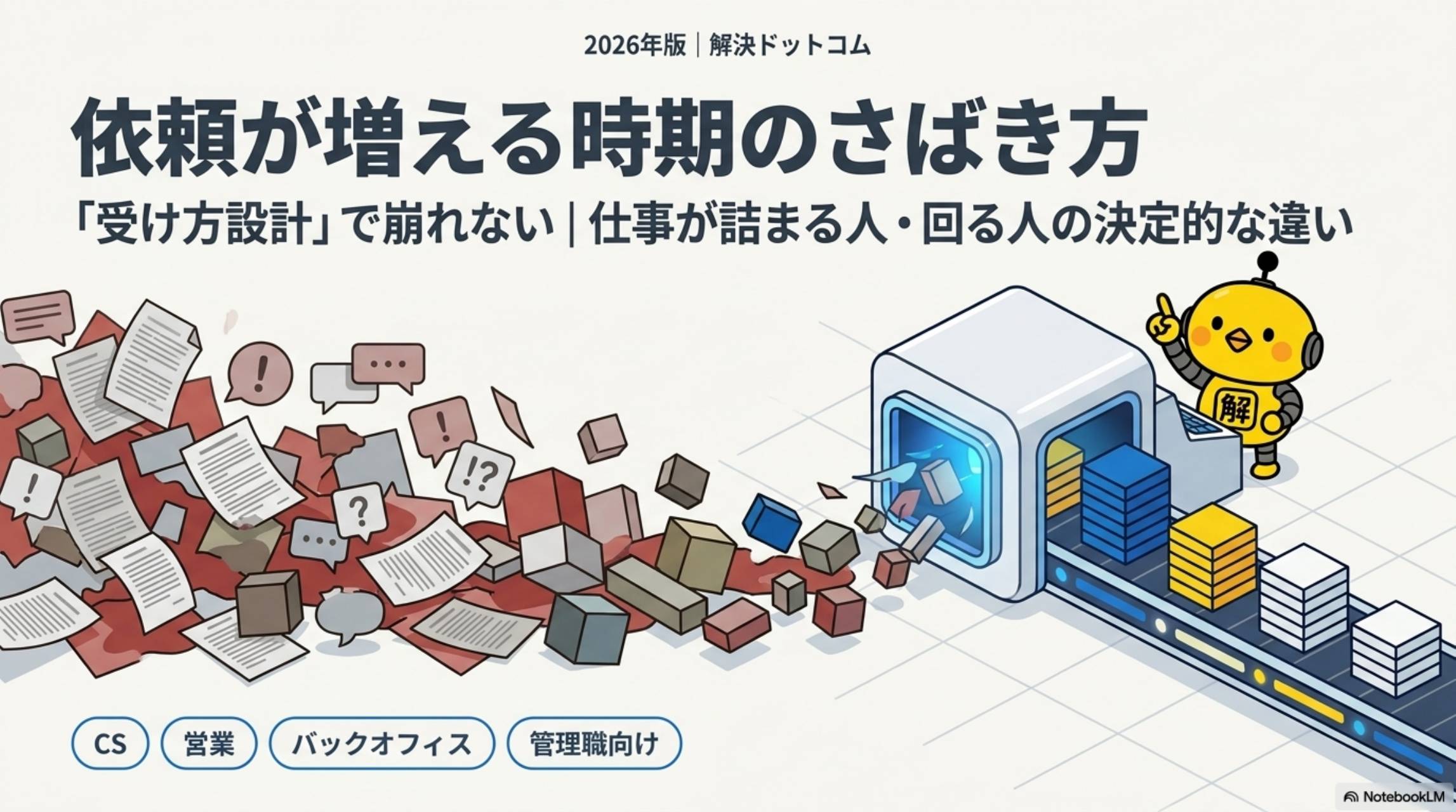 依頼が増える時期のさばき方。受け方設計で崩れない。仕事が詰まる人・回る人の決定的な違い。CS・営業・バックオフィス・管理職向け。解決ドットコム2026年版