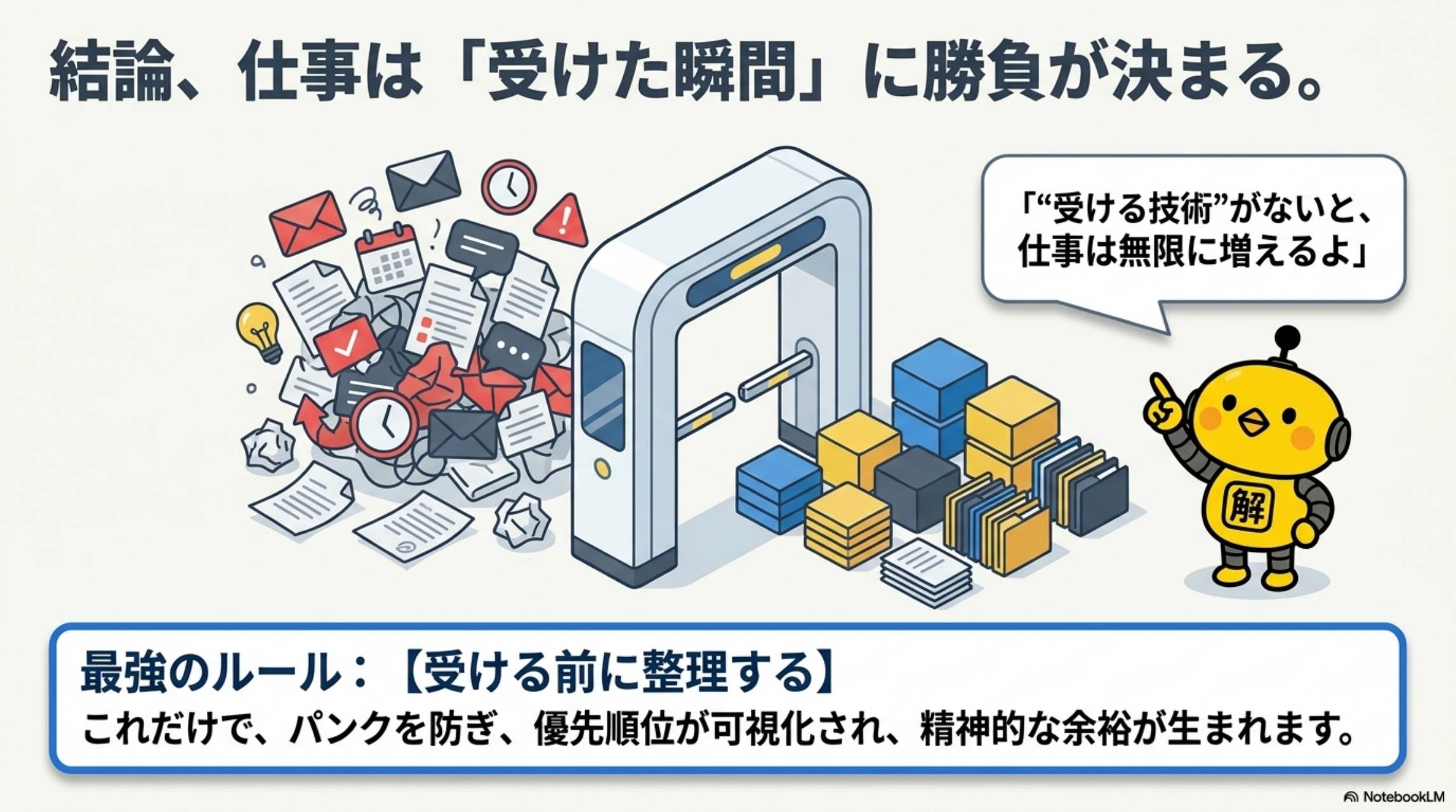 結論、仕事は受けた瞬間に勝負が決まる。受ける技術がないと仕事は無限に増えるよ（カイピヨくん）。最強のルール：受ける前に整理する。これだけで、パンクを防ぎ、優先順位が可視化され、精神的な余裕が生まれます
