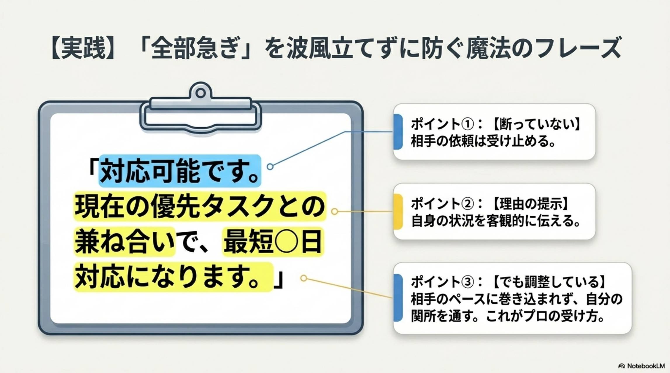 実践：全部急ぎを波風立てずに防ぐ魔法のフレーズ。対応可能です。現在の優先タスクとの兼ね合いで、最短○日対応になります。ポイント①：断っていない（相手の依頼は受け止める）。ポイント②：理由の提示（自身の状況を客観的に伝える）。ポイント③：でも調整している（相手のペースに巻き込まれず自分の関所を通す）。これがプロの受け方