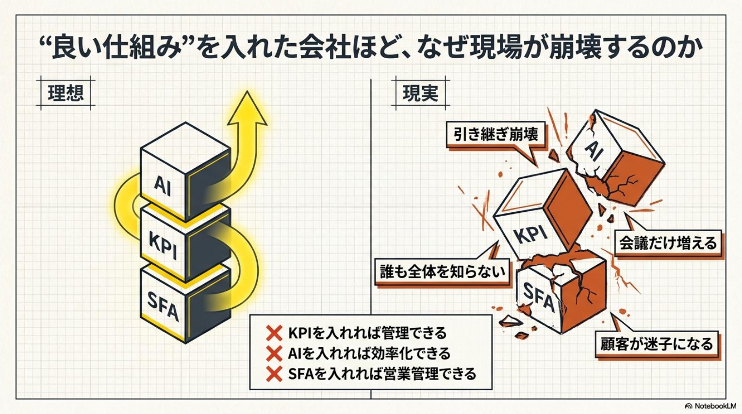 良い仕組みを入れた会社ほどなぜ現場が崩壊するのか・KPIやAIやSFAを入れれば管理できるは誤り・引き継ぎ崩壊や会議だけ増えるや顧客が迷子