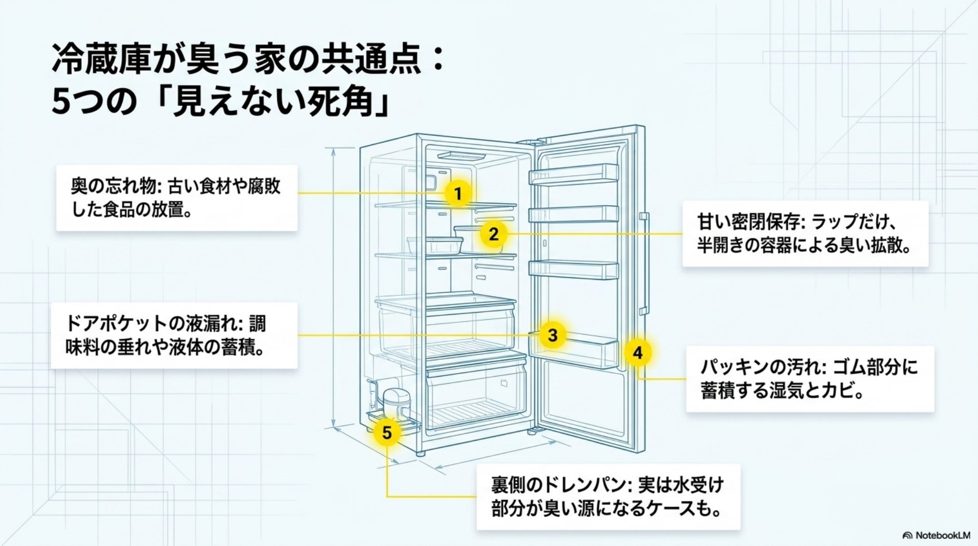 冷蔵庫が臭う家の5つの見えない死角・奥の忘れ物やドアポケットやパッキンやドレンパン
