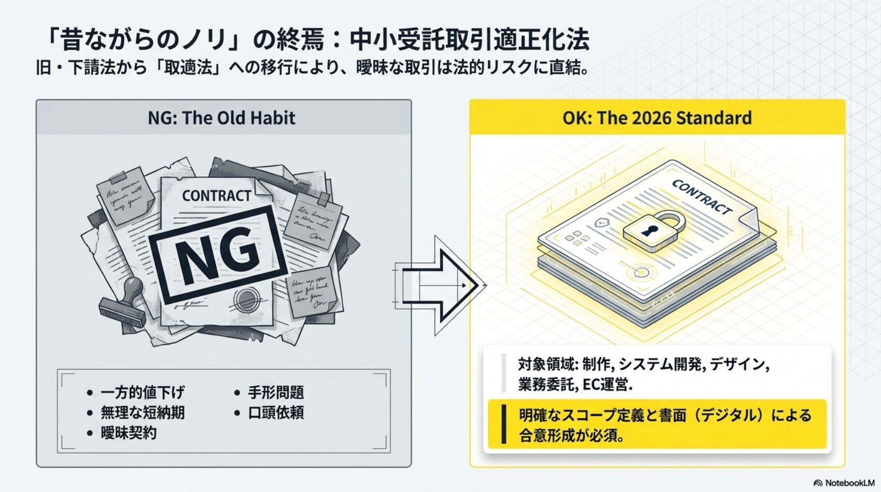 昔ながらのノリの終焉・中小受託取引適正化法・一方的値下げや無理な短納期や曖昧契約や口頭依頼はNG・明確なスコープ定義と書面合意が必須
